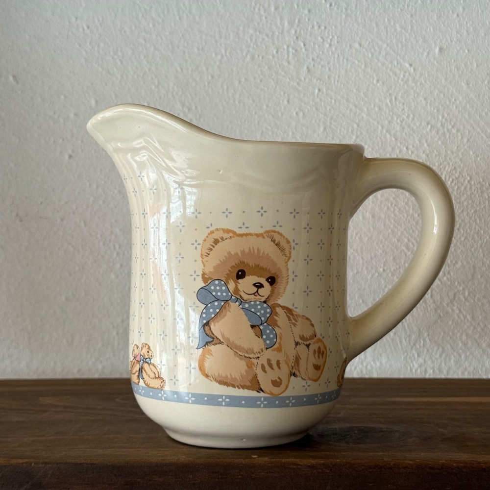 Vintage Tienshan Theodore Country Bear 7" Stoneware Pitcher Blue Bow